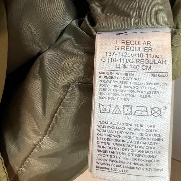 Gap Kids Green Nylon Winter Coat with Cotton Gray Hood Size L - Picture 3 of 8